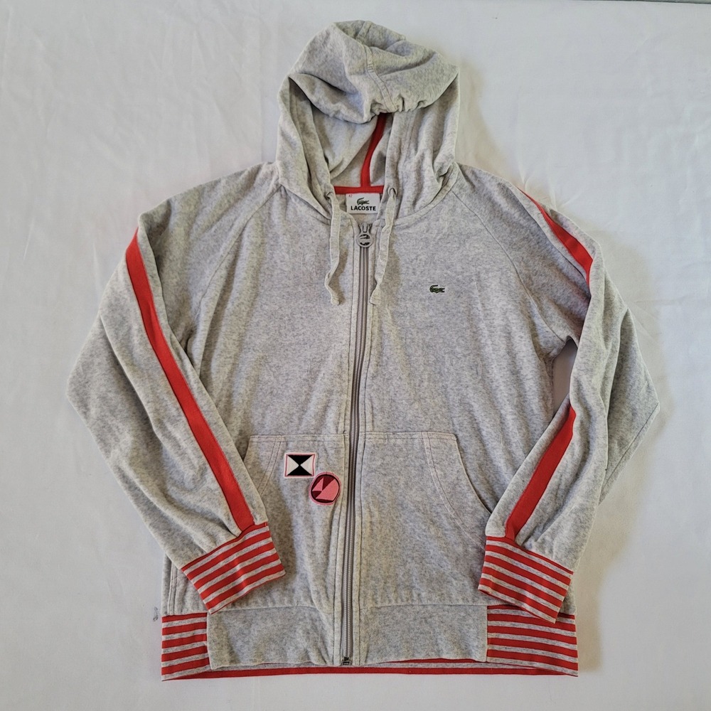 Lacoste Women's Size 42 L Large Gray Velour Full Zip Hoodie Red Stripe